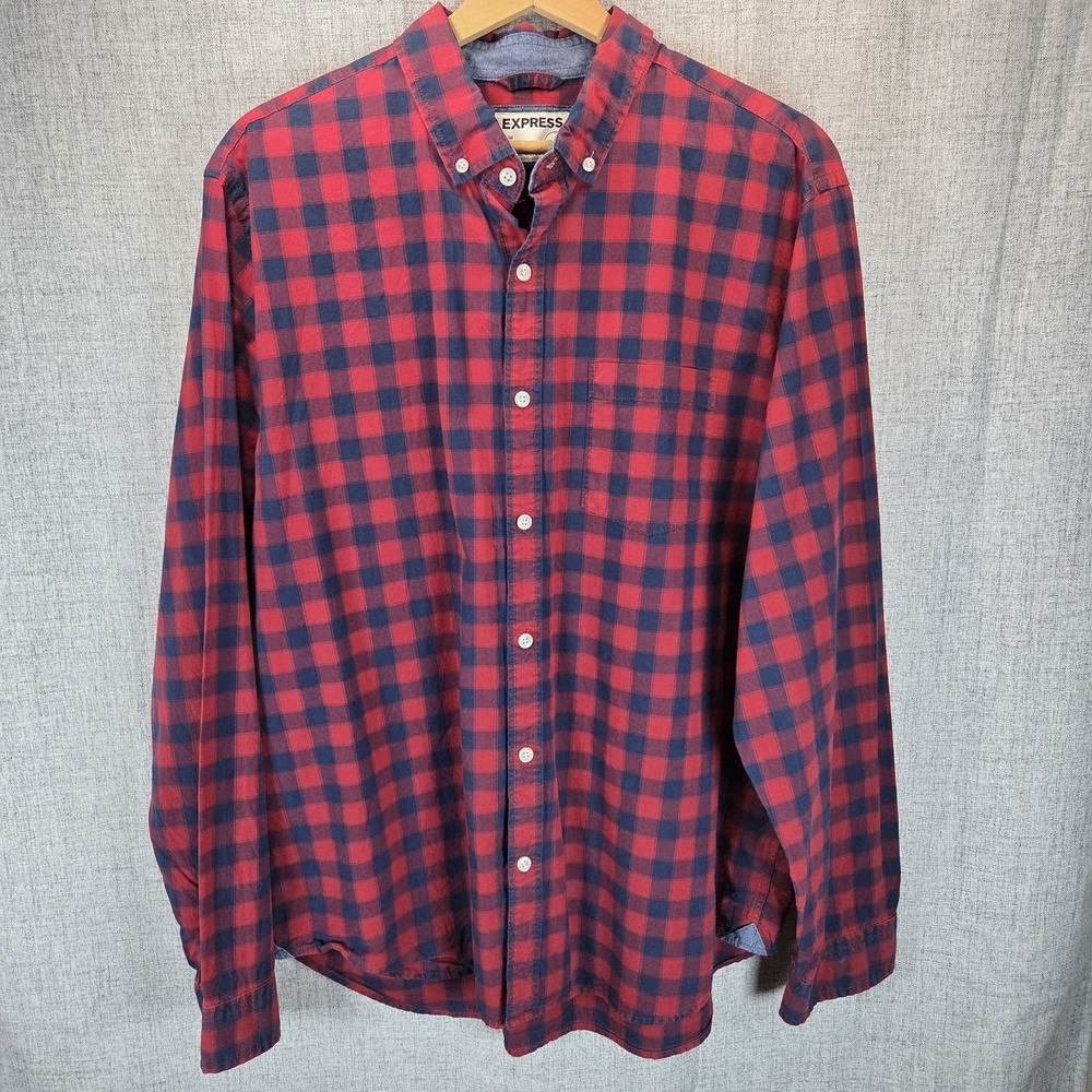 Express Soft Wash Mens Checkered XL Button Down LS Shirt Red‎ Navy Blue Preppy